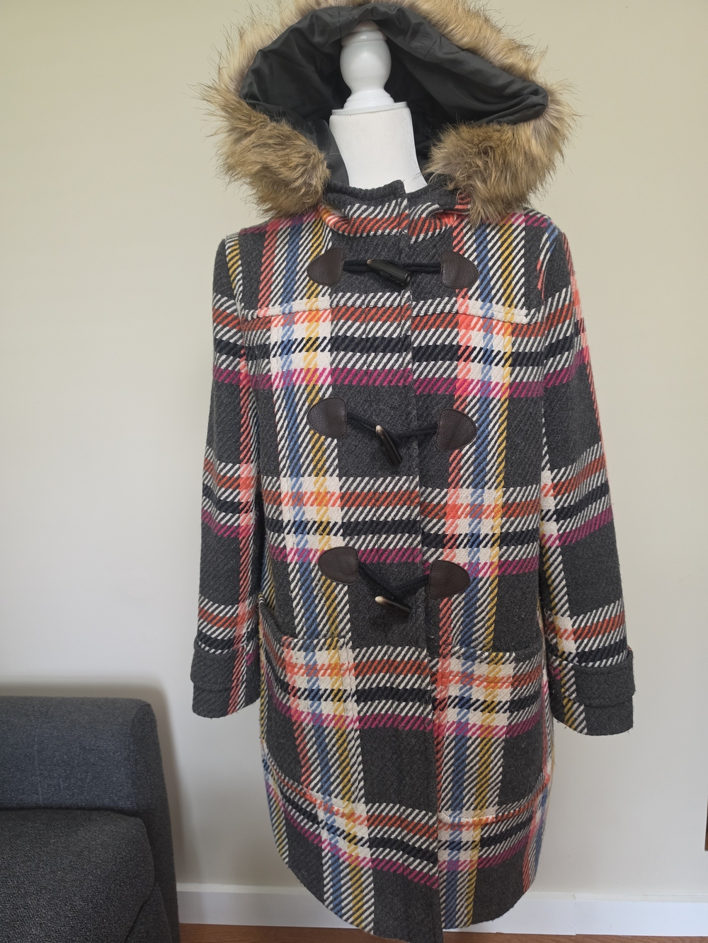 Boden Wool Blend Plaid Toggle Coat Hooded Grey Multicolor – Size 12